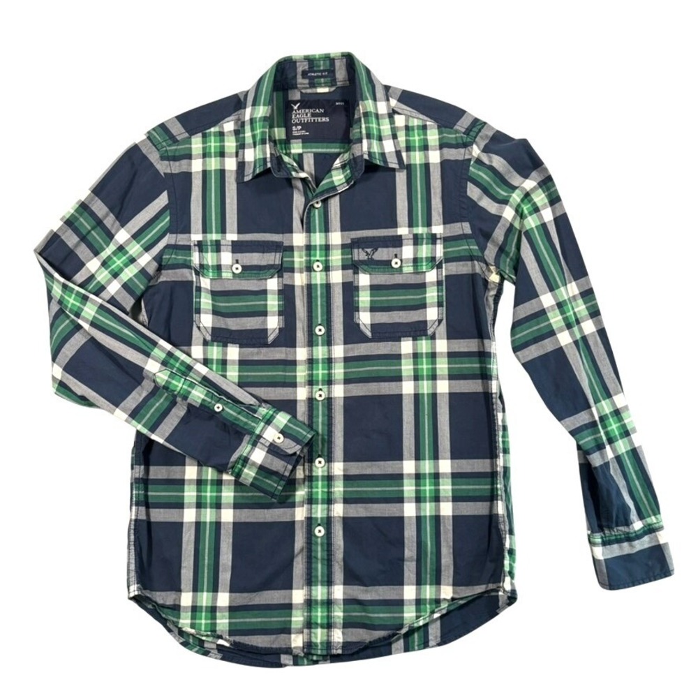 American Eagle Men Plaid Button Down Shirt S‎ Small Navy Green Athletic Fit Knit